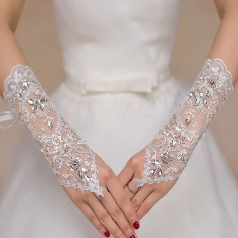 Lace Fingerless Elbow Length Bridal  Gloves with Rhinestone for Women Paragraph White Wedding Accessories