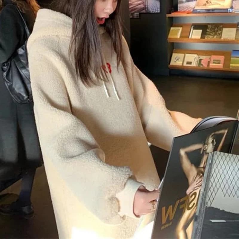 New Pregnant Women Korean Loose Thickened Warm Imitation Fur One-piece Long Knee Hooded Lamb Wool Sweater Dress Maternity Dress