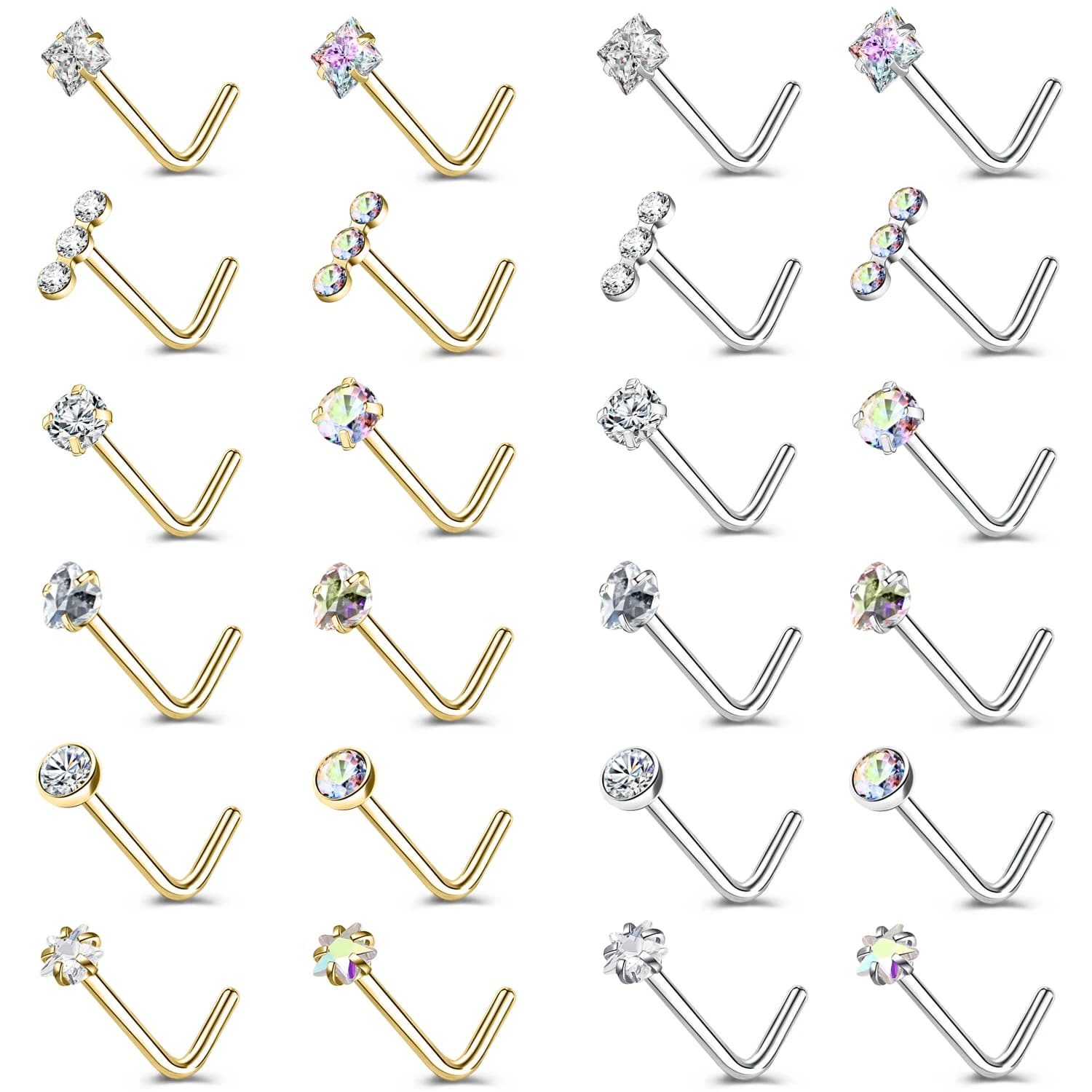 ZS 3-4Pcs/lot Gold Color Stainless Steel Nose Stud Set Heart Star Round Crystal Nose Piercing L Shape Nostril Piercing 18g/20g