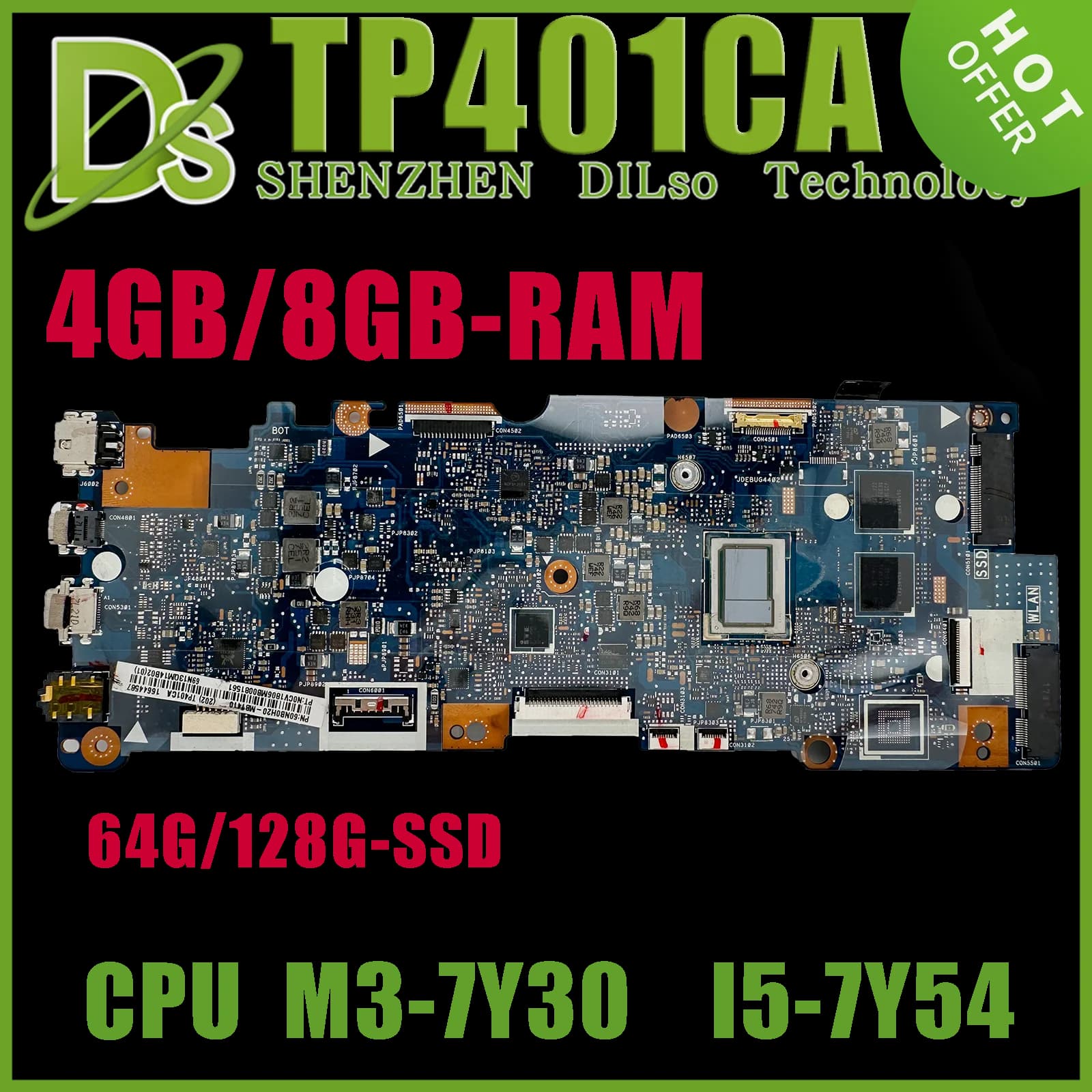 KEFU TP401CA Notebook Mainboard For ASUS VivoBook 14 TP401C TP401CA Laptop Motherboard W/M3-7Y30 I5-7Y54 64GB/128G-SSD 4GB/8GB