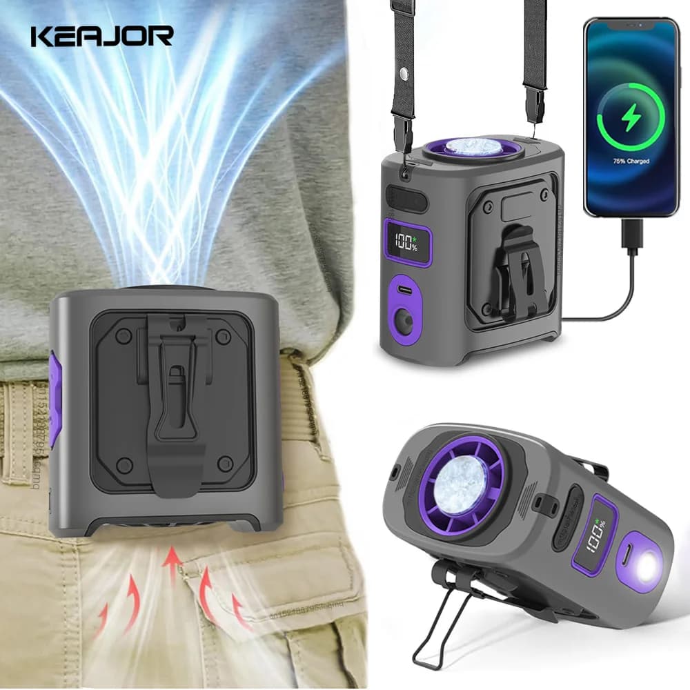 Portable Cooling Waist Fan Mini USB Neck Fan 8000mAh Outdoor Camping Fan Rechargeable Waist Clip Fan with Power Bank LED Light