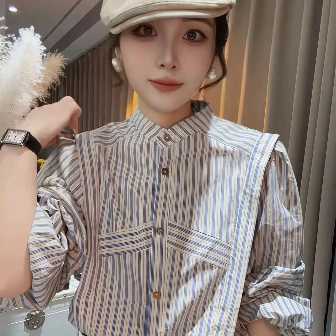 Unique High-end Long Sleeve Shirt for Spring Autumn Beautiful Korean Version Stand Up Collar Striped Casual Versatile Trendy Top