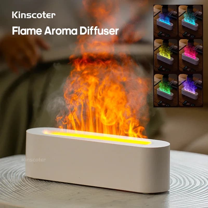 Essential Oil Aroma Diffuser, Flame Air Humidifier, Ultrasonic Fresh Mist, Diffuser with Realistic Fire RGB, Night Light