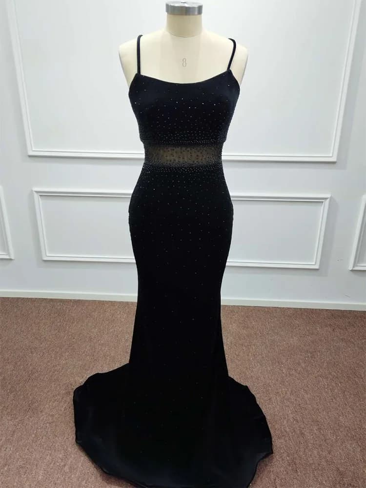 Mermaid Black Velvet Evening Dresses Spaghetti Straps Illusion Sleeveless Pearls Formal Prom Party Gowns Vestidos Custom Made