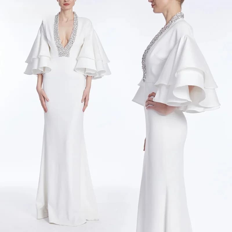 New Design Deep V-Neck Prom Dresses Flare  Sleeves Saudi Arabic Satin White Sequined Women Evening Gowns Formal Partycustomized