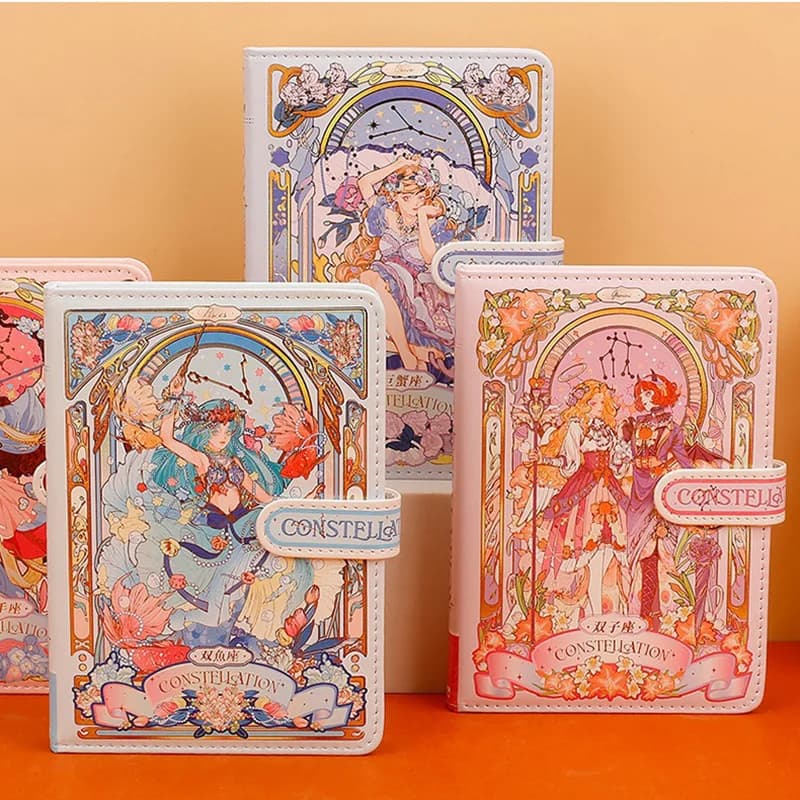 （12 Constellations Series）Pretty  Notebook Color Page Illustration Soft Leather Magnetic Buckle Student Diary Hardcover Notepad