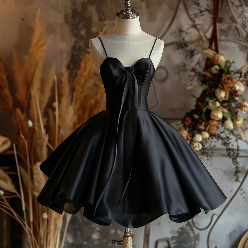 New Black Satin Spaghetti Straps With Bowknot Short Lace Up Back Formal Prom Evening Dress Brithday Elagant Skirt Hand Made W6-8