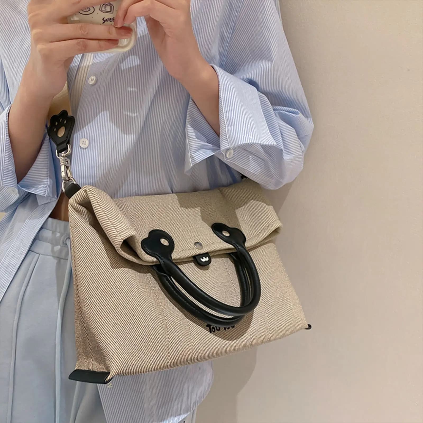 TOUTOU Women Shoulder Bag Vintage Leather Panda Large Capacity Underarm Tote Bag High End Canvas Commuting Crossbody Handbag