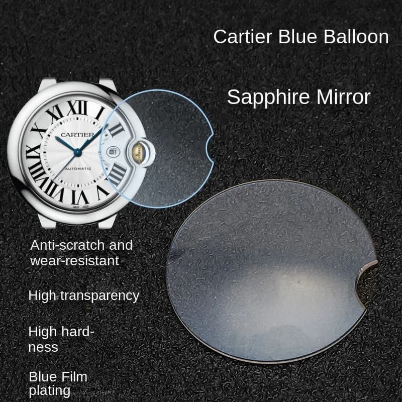 For Cartier Blue Balloon Open Lens Coating Crescent Surface Mask with Blue Light Fish Eye Effect Sapphire Glass Mirror 28mm 36mm