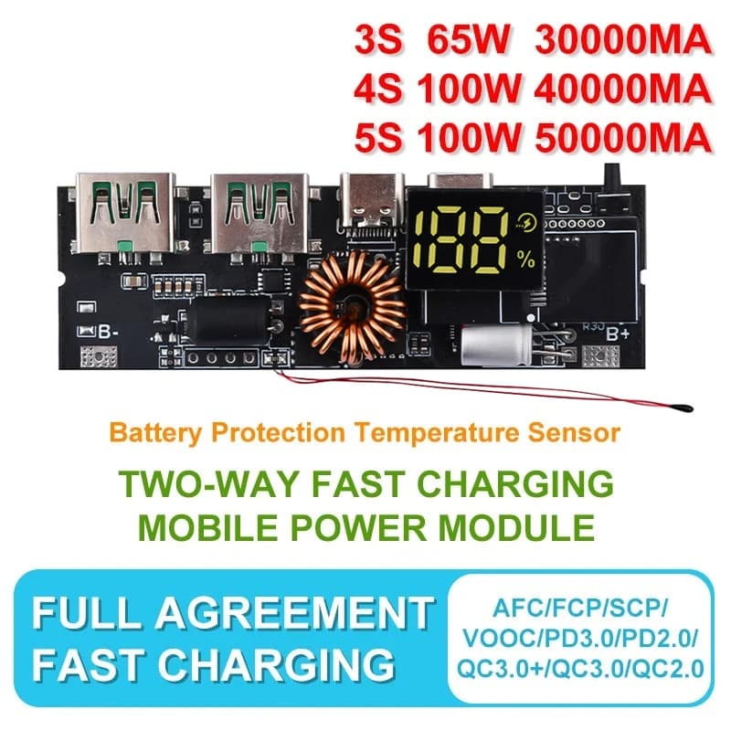 QC4.0/3.0 5A 100W LED Dual USB PD Fast Charge Micro/Type-C USB Mobile Power Bank 18650 Charging Module Temperature Protection
