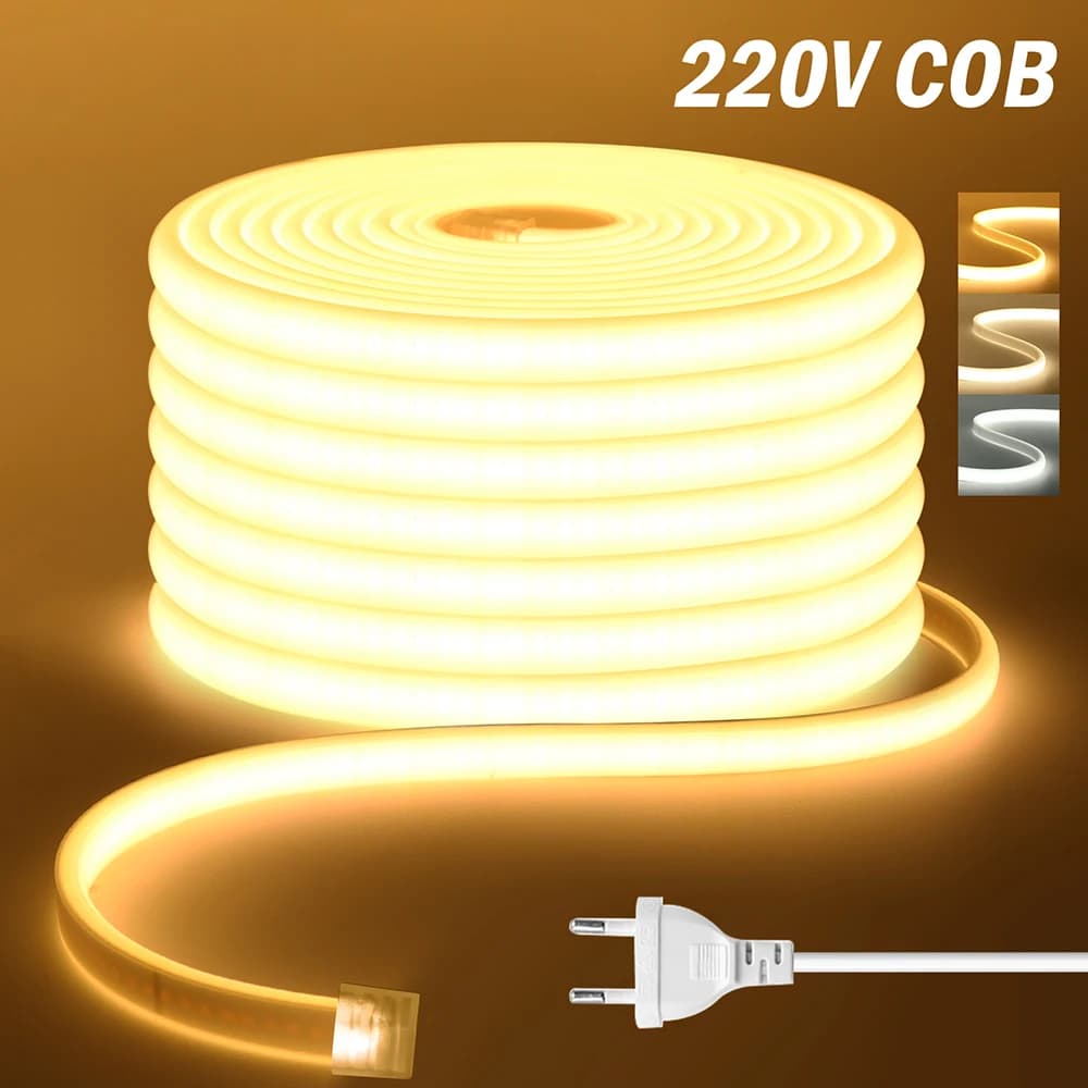 220V Dimmable COB LED Neon Strip Light Dimmer Switch Plug Kit Waterproof 288 LED Flex Tube Lamp Hight Bright Warm/Natural White
