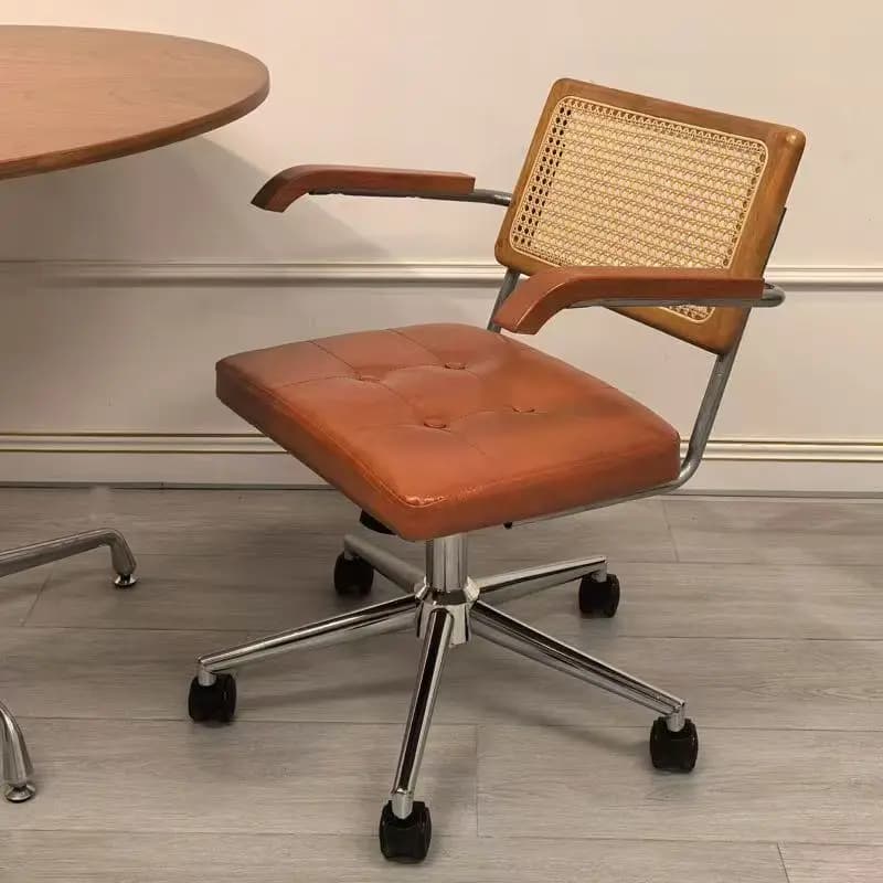 Modern Home Office Chair Leather Desk Chair with NaturalRattan Back,VanityChairforGirlsWomen.Height AdjustableComputerTask Chair