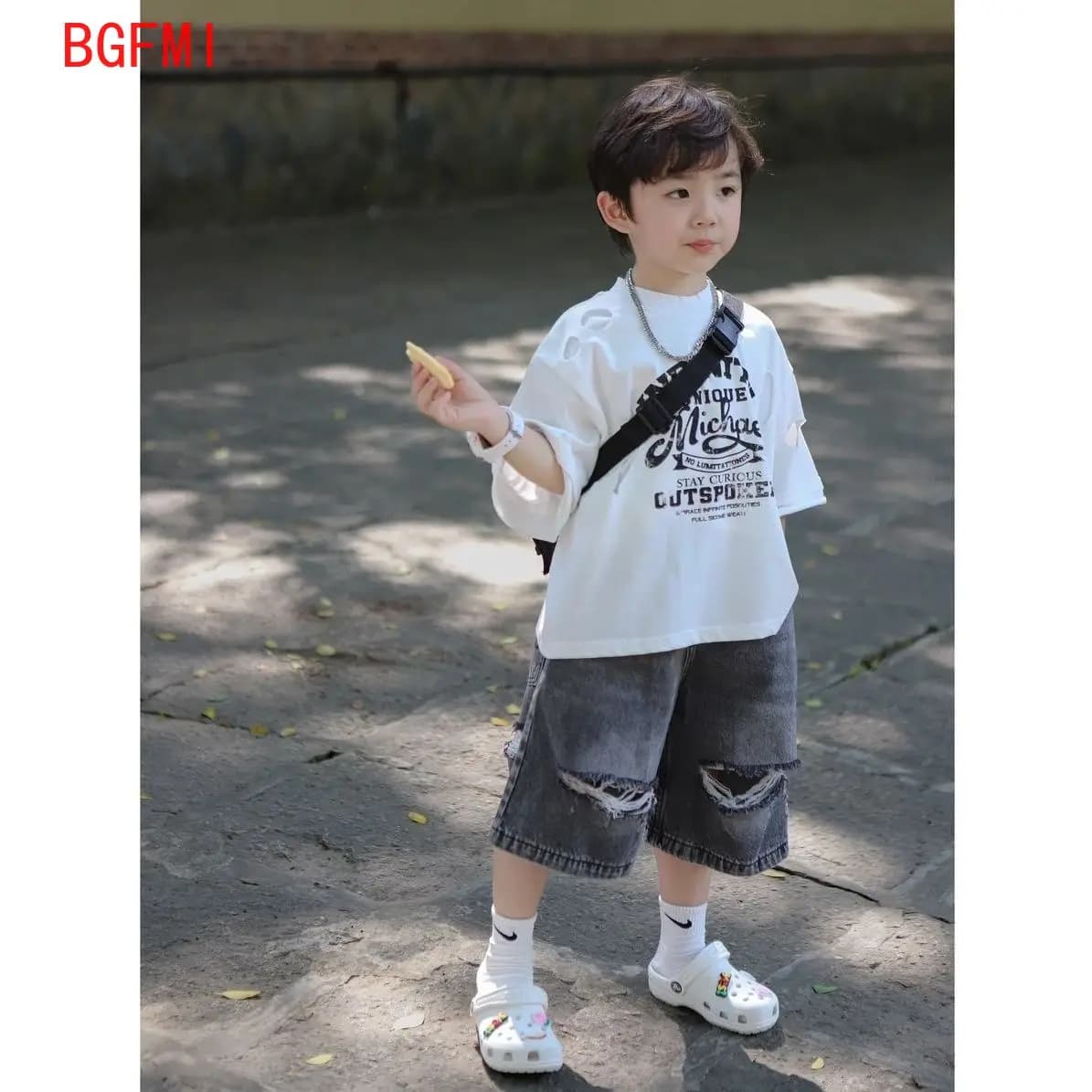 Kids Clothes Boys Letter Short Sleeved T-shirt Tops Denim Shorts Two Piece Suits 2025 Summer New Korean Fashion Streetwear Suits