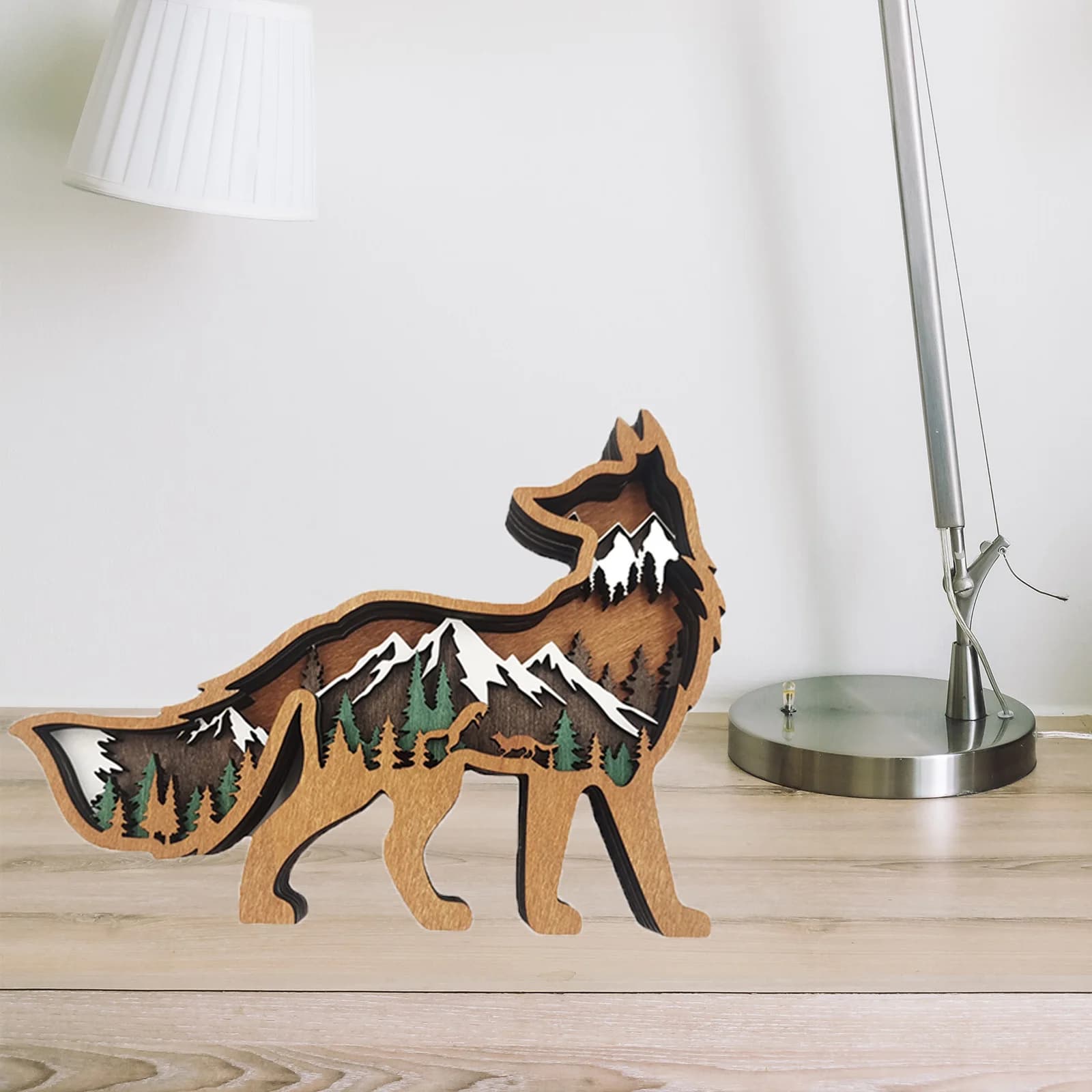 Creative Fox Carved Wooden Miniatures Model Animal Statues With LED Carving Fox Wooden Crafts Christmas Gifts For Home Decor