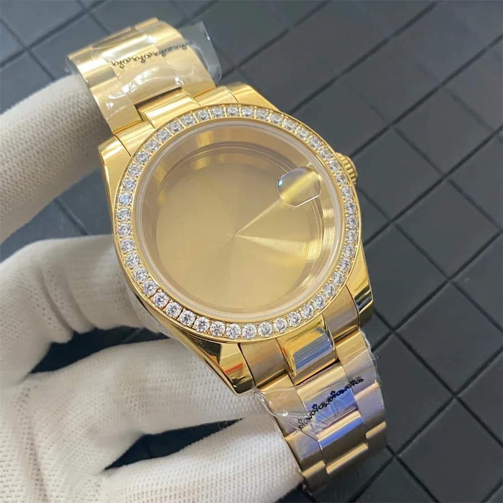 NEW Crystal Bezel 39mm PVD Gold Stainless Steel Watch Case Strap Set Sapphire Glass Case for NH35 NH36 Movement DIY