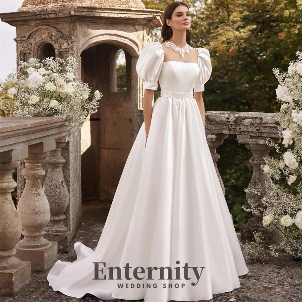 Customized A Line Square Neck Wedding Dress Sexy Button Floor-length Lantern Sleeve Charming Bridal Gown  2024 Vestidos De Novi