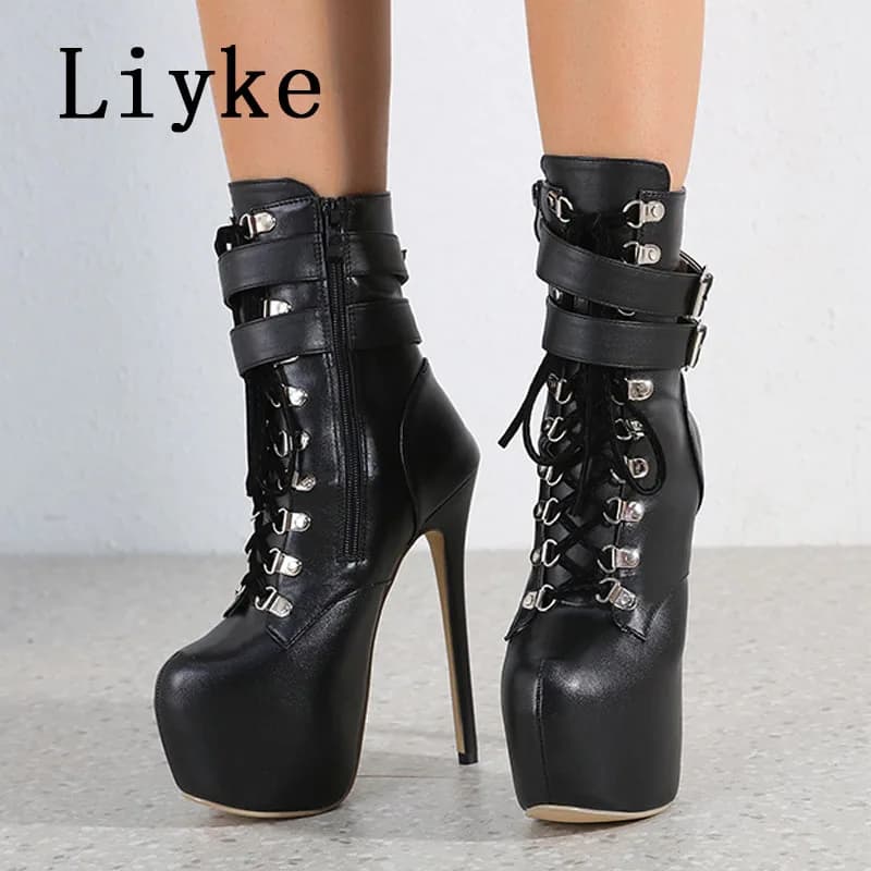 Liyke Autumn Winter Platform Boots For Women Sexy Round Toe Buckle Strap Pole Dance High Heels Pumps Fashion Lace-Up Runway Shoe