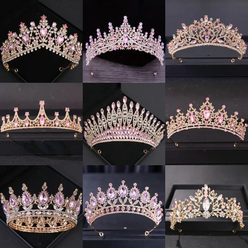 Pink Crystal Tiaras And Crowns For Women Bride Pink Rhinestone Prom Diadem Crown Tiara Bridal Wedding Hair Accessories Jewelry