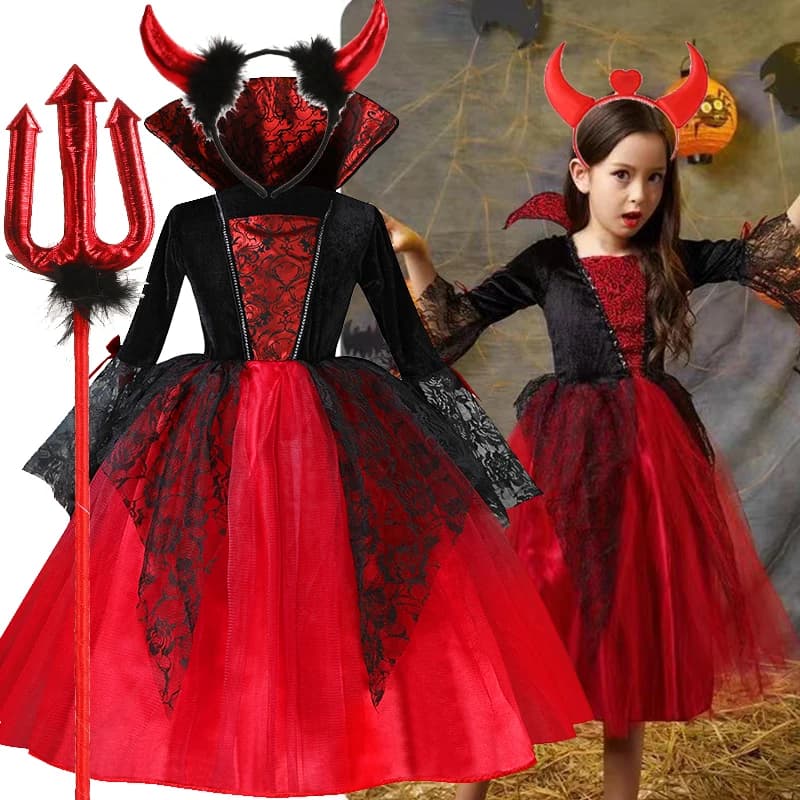 2025 Girls Cosplay Vampire Halloween Dress For Kids Ghost Bride Gothic Costume Count Vampiran Carnival Outfit Black Red Clothes