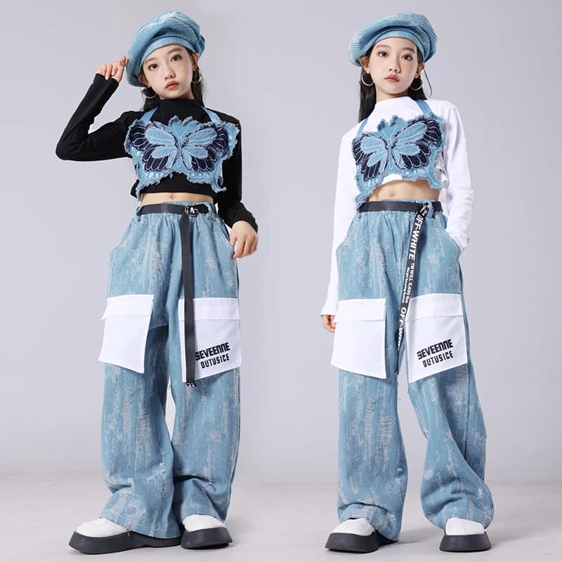 Hip Hop Girls Clothing Butterfly Crop Tops Casual Ripped Jeans Baggy Pants for Kids Jazz Dance Costumes Streetwear Clothes Set