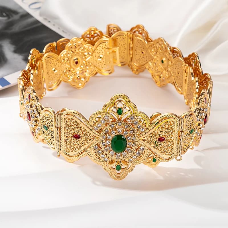 Fatima Fashion Belt Gold Color and Silver Rhinestone Arabic Wedding Dress Waist Chain Middle East Body Jewelry For Women Gift