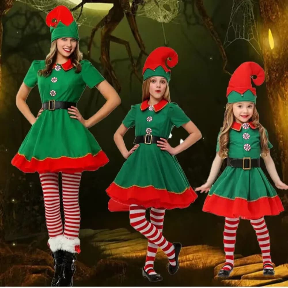 New Year 2024 Christmas Elf Costume Green Kid Adult Family Matching Outfits Parent-Child Xmas Suit Cosplay Clothing