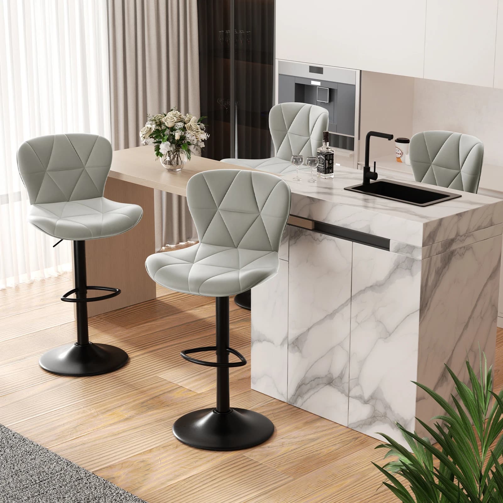 Modern Bar Stool 2 Set Adjustable Artificial Leather Soft Cushion Rotating Bar Stools Backrest Bar Height Chair Kitchen Living R