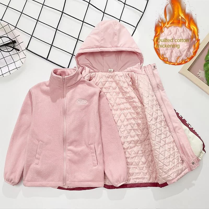 Girls' Autumn and Winter Fleece Warm Trench Coat, Teenage Children's Three-in-one Removable Jacket 2024 New Clothing for Kids