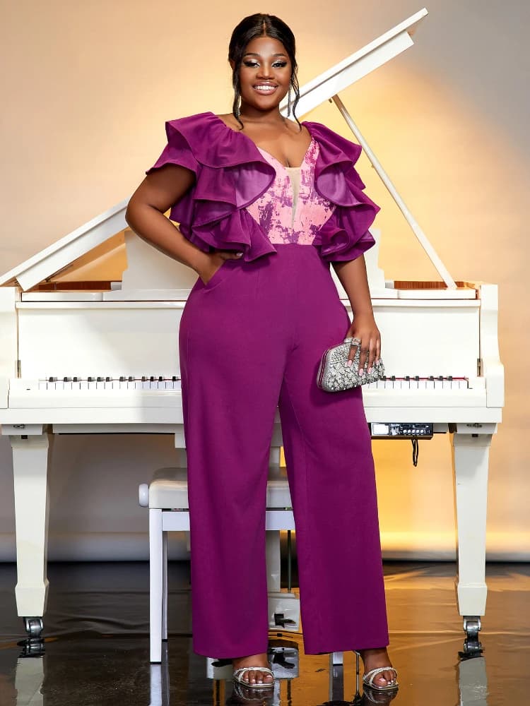 Elegant Jumpsuits for Women V Neck Butterfly Sleeves Patchwork Long Wide Leg Pants Chic Stylish Slim Evening One Piece Outfit