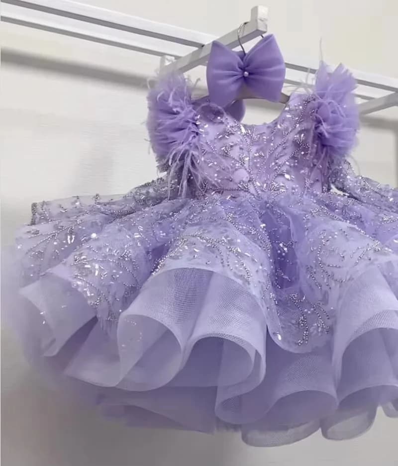 Feather Flower Girl Dresses for Wedding With Bow Pearls Appliques Knee Length Kids Birthday Dresses First Communion Gowns