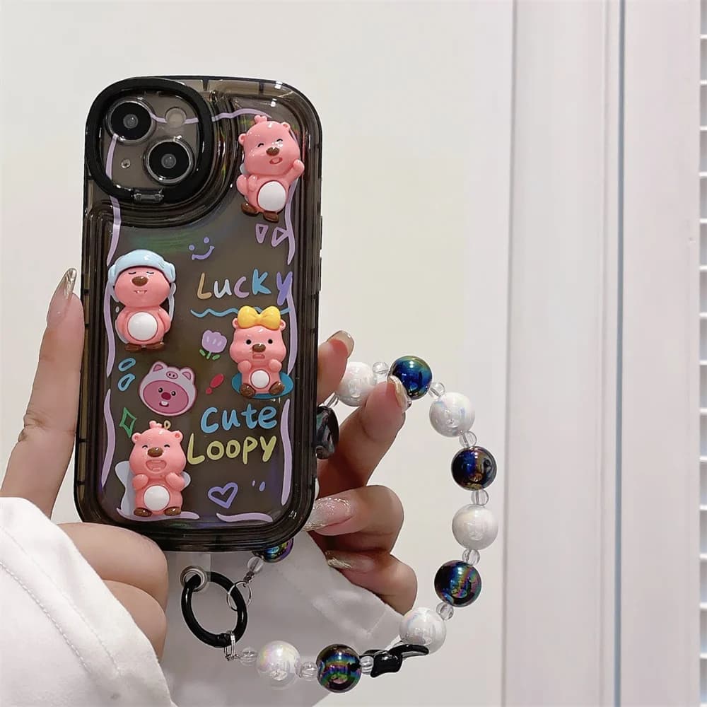 Cute 3D Bear Phone Case with Chain Lens Stand Holder Cases Protector Cover iPhone 14 13 12 Pro Max 11 15 Pro Max