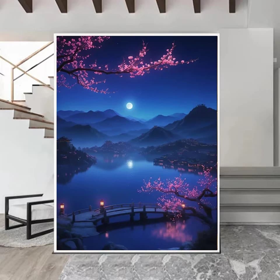 DIY Diamond Painting Art Purple Moon Cherry Blossoms Full Mosaic Diamond Embroidery Landscape Cross Stitch Set Home Decoration