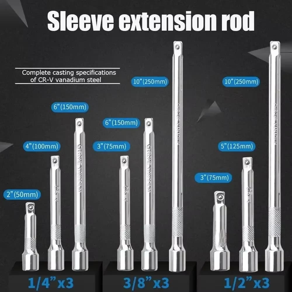 1/4" 3/8" 1/2" Drive Extension Set Socket Ratchet Wrench Extension Bar,50/100/150/250mm Ratchet Wrench Socket Extender Hand Tool