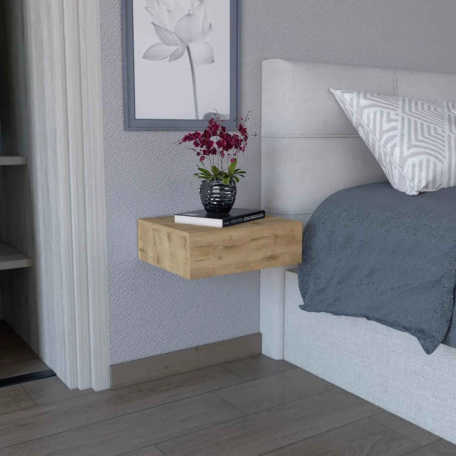 Milano Floating Nightstand, Wall-Mounted with Drawer Macadamia
