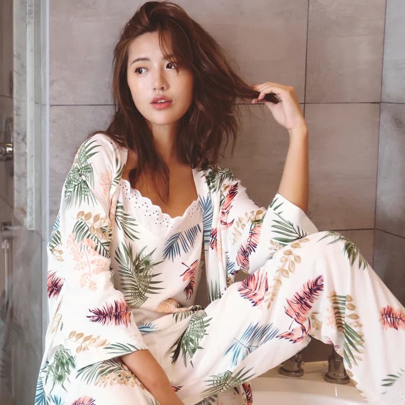 Women's 3-Piece Robe + Cami +Pants Pajama Set Pyjama Sleepwear Pajama Set Long Sleeve Robes Female Floral Pyjamas Suit