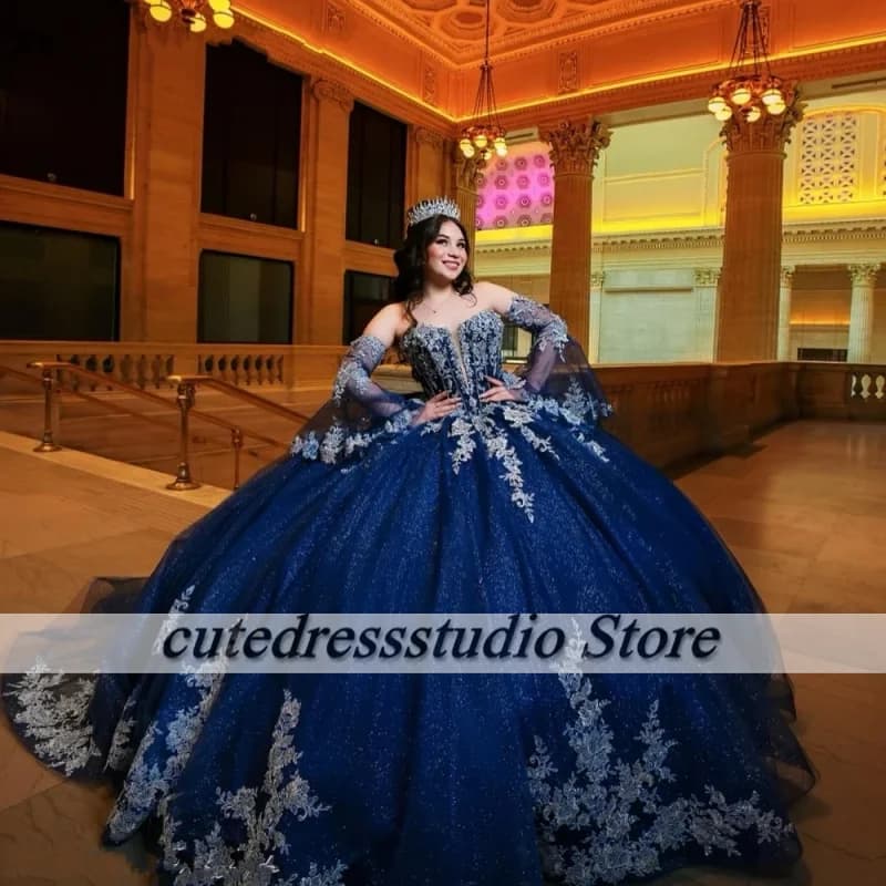 Customized Navy Blue Quinceanera Dresses With Detachable Sleeve Lace Applique Beading Tiered Corset Sweet 16 Vestidos De 15 Anos
