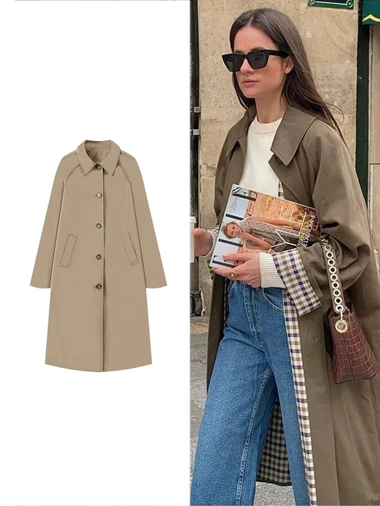 Women Fashion Long Trench Coat Autumn/Winter Lapel Long Sleeve Single Breasted Coat Loose Solid Color Simple Street Jacket