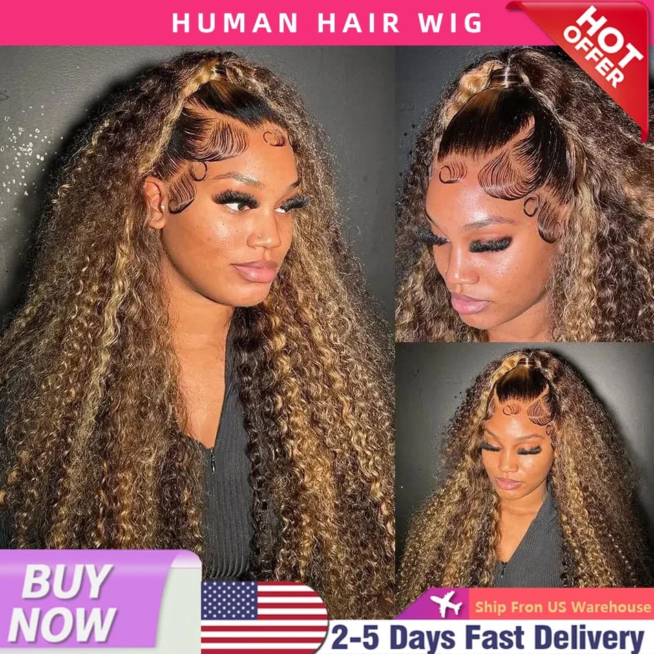 200 Density 30 Inch Highlight Honey Brown Curly  Lace Front Human Hair Wigs 13x4 13x6 Ombre Color Deep Water Wave Frontal Wigs