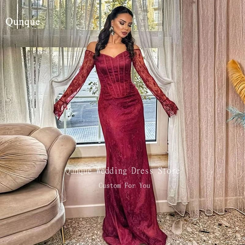 Qunque Customized Tulle Mermaid Evening Dresses Burgundy Lace Prom Dress Sexy Off Shoulder Sleeves Formal Occasion Party Gowns