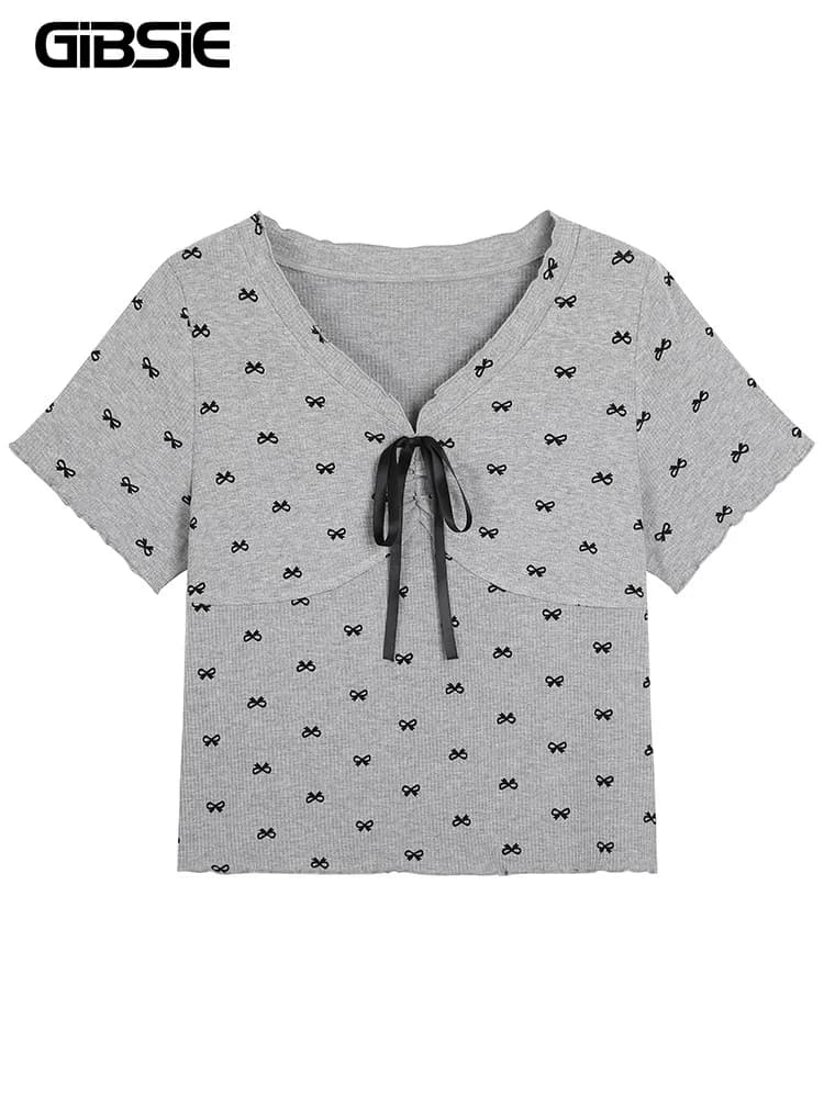 GIBSIE Plus Size V-neck bow printed short t shirt Women's summer short-sleeved korean style casual slim t-shirts top female