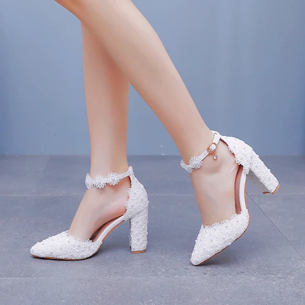 Women High Heels Sandals Women Pumps Party Solid Artificial Leather 10.5CM Square Heel Princess Evening Dress Woman Shoes White