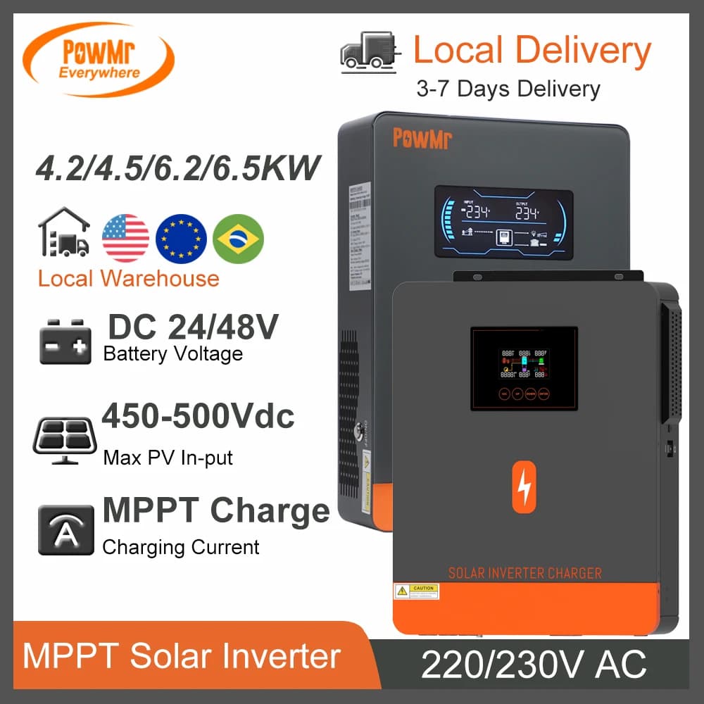 PowMr 4.2KW 4.5KW 6.2KW 6.5KW Hybrid Power Inverter MPPT Solar Charge DC 24V 48V to 230V AC Pure Sine Off-Grid Support LiFePo4