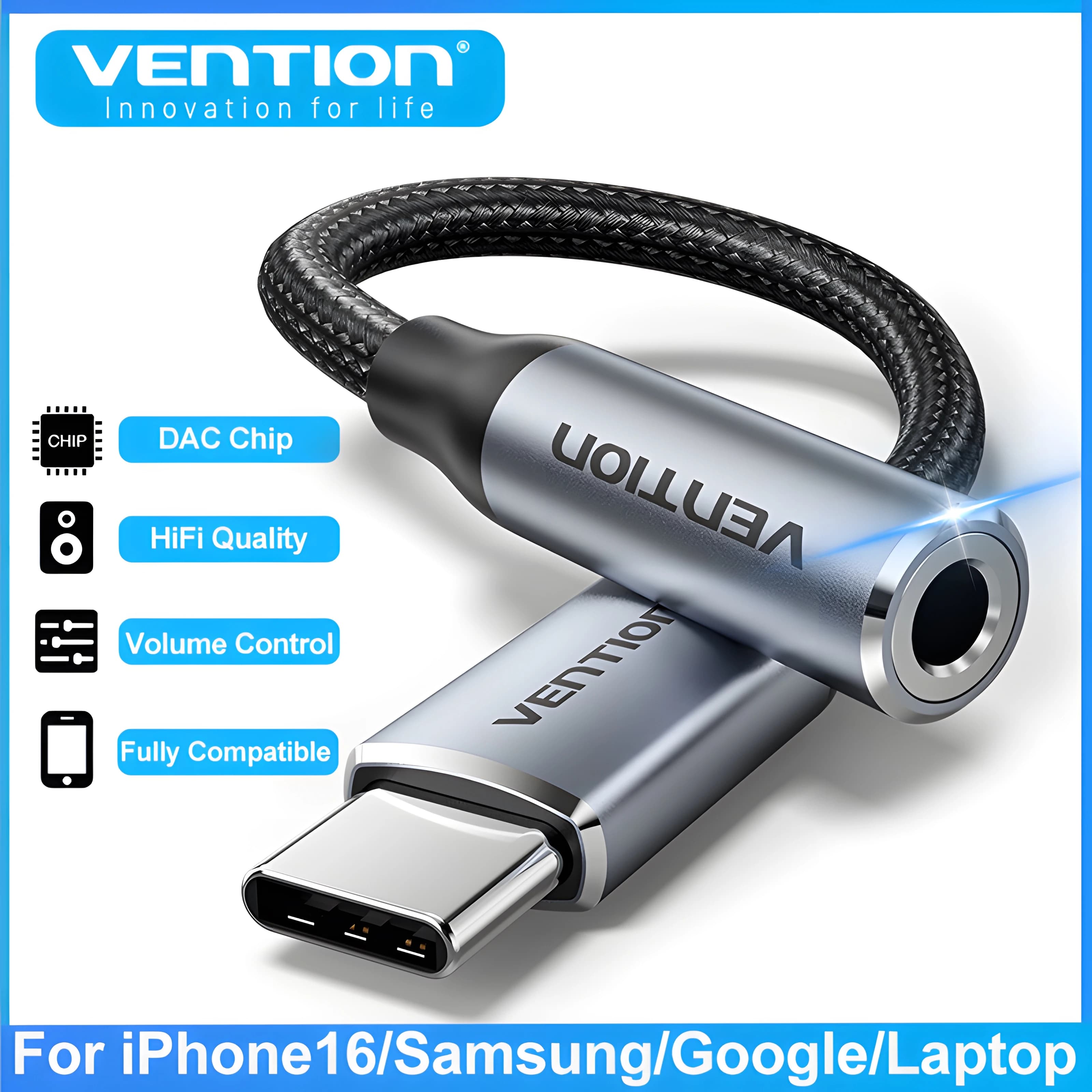 Vention New DAC USB Type C to 3.5mm Jack Headphone Adapter Aux Audio All Earphone HiFi Splitter Cable for iPhone 16 15 Samsung