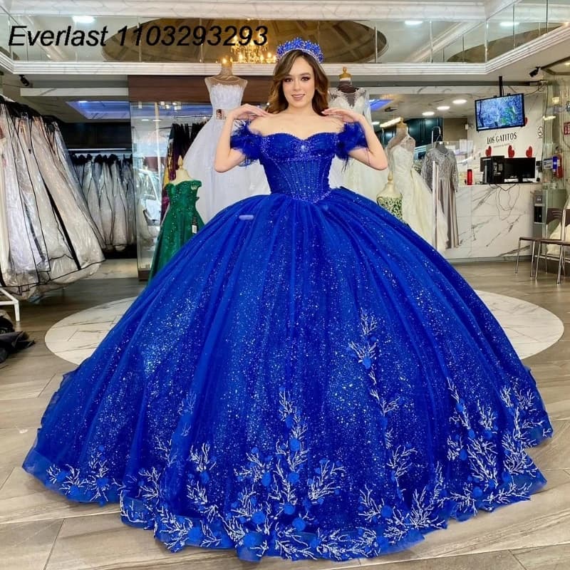 EVLAST Customized Royal Blue Quinceanera Dress Ball Gown Lace Applique Sequins Mexico Corset Sweet 16 Vestido De 15 Anos TQD299