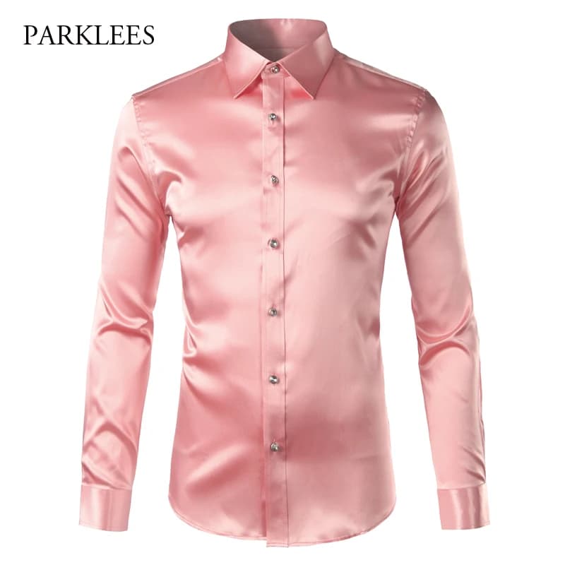 Pink Silk Satin Shirt Men 2017 Fashion Long Sleeve Mens Slim Tuxedo Shirts Casual Shiny Emulation Silk Button Down Dress Shirts