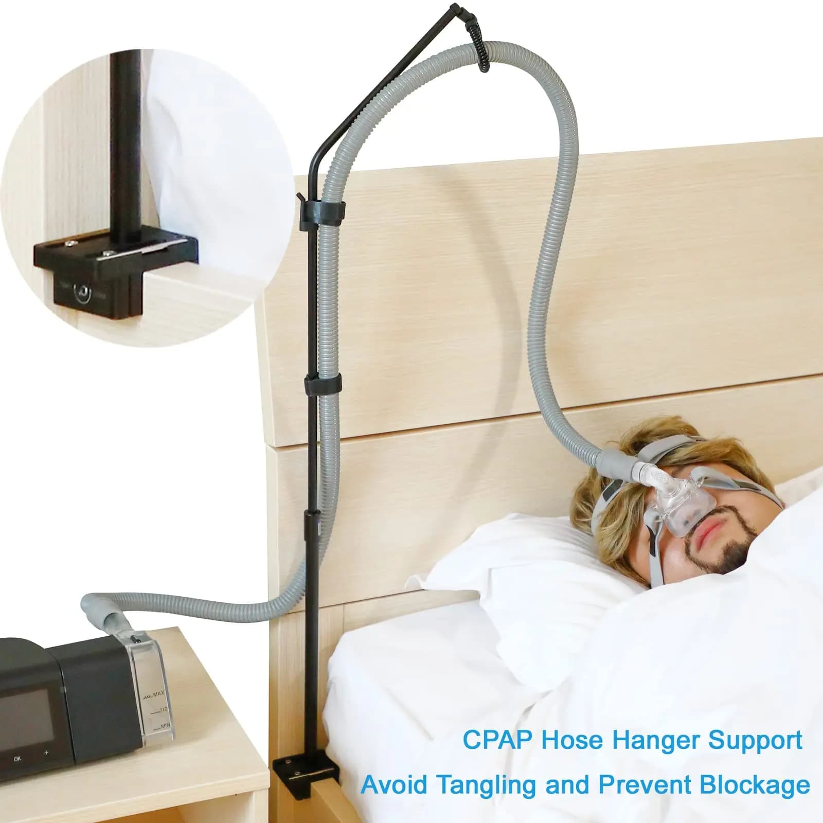 CPAP Hose Holder Hanger, Height Adjustable Tube Lift Support provides 2 Clamping Sides Avoid Tangling Prevent Blockage C clamp