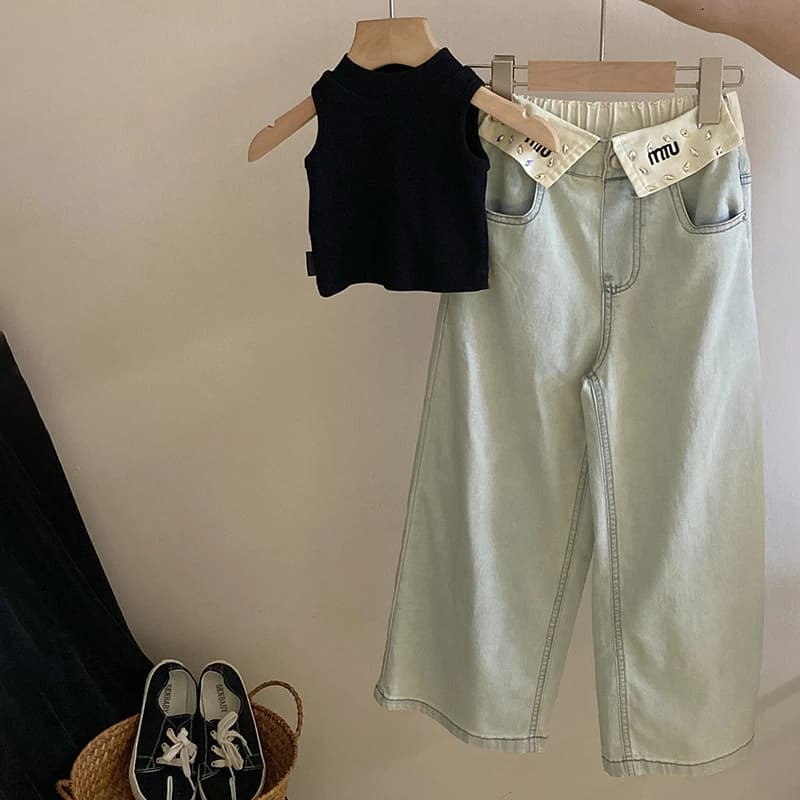 Girls' Pants Summer Korean Style Seamless Knitted Fashion Vest Rhinestone Cuffs Jeans Trend