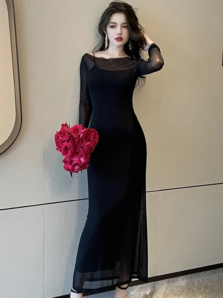 Spring Women's 2 Piece Outfits French Sexy Sheer Mesh Maxi Dress Strap Long Robe Party Holiday Vestidos Sets Street Clothes Lady