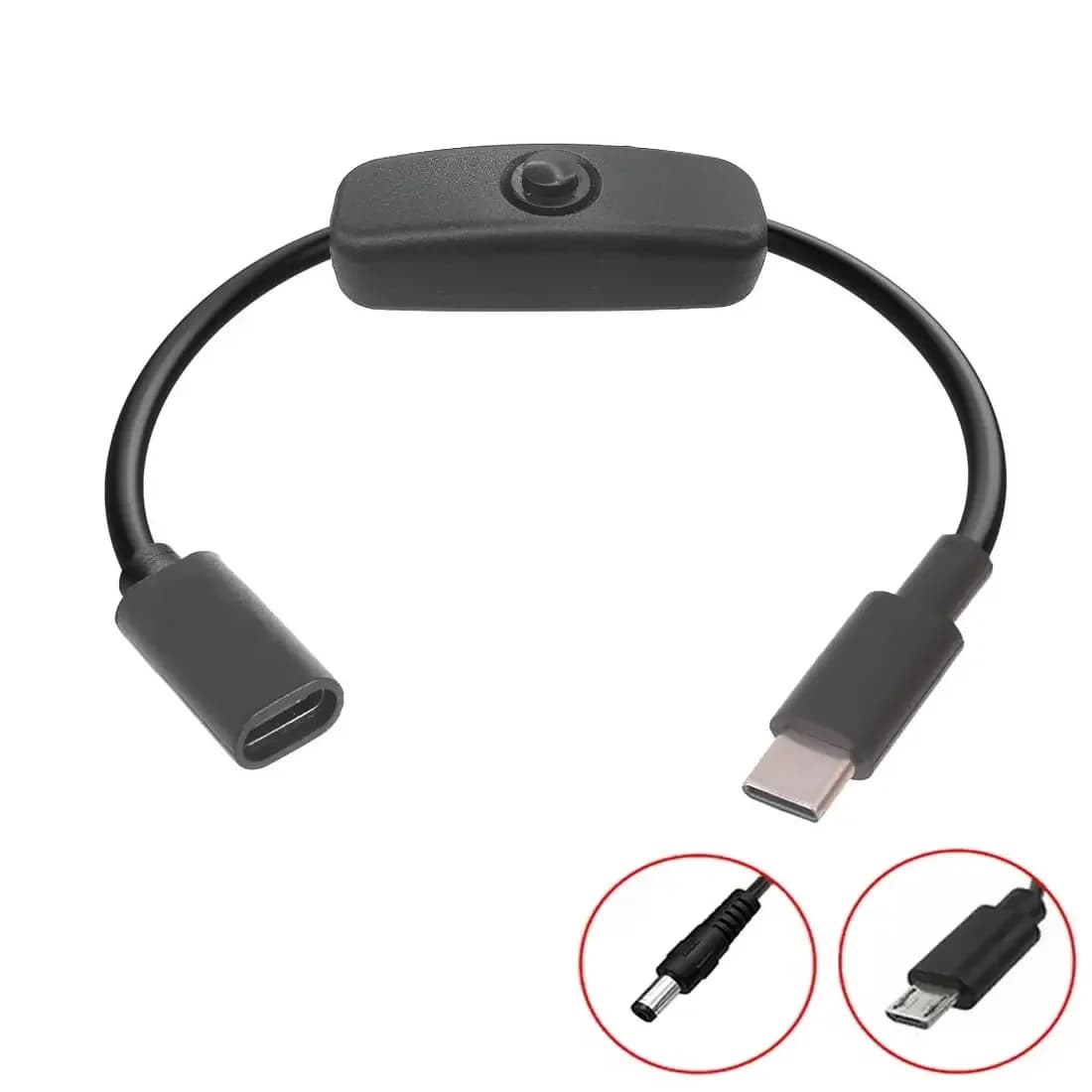 ​​USB C Extension Cable with ON OFF Switch PD to Micro USB DC 5521 Power Cord Male to Female 5V Charging Cable​