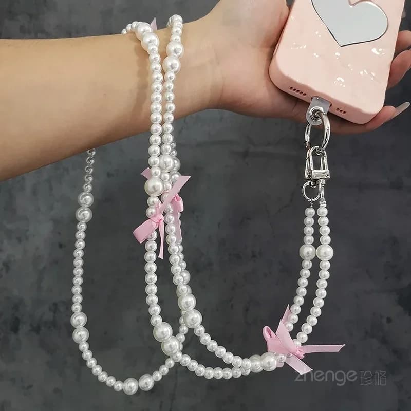Crossbody Hand with Bow Pearl Chain Drop Resistant Mobile Phone Hanger Neck Back Chain Long Mobile Phone Lanyard for Women